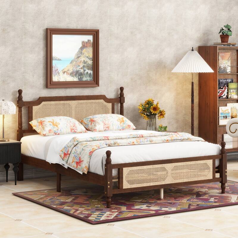 Solid Pinewood Storage Bed Frame, Queen/King Size Platform Bed with Rattan Headboard and Footboard, Spherical Head Bedposts