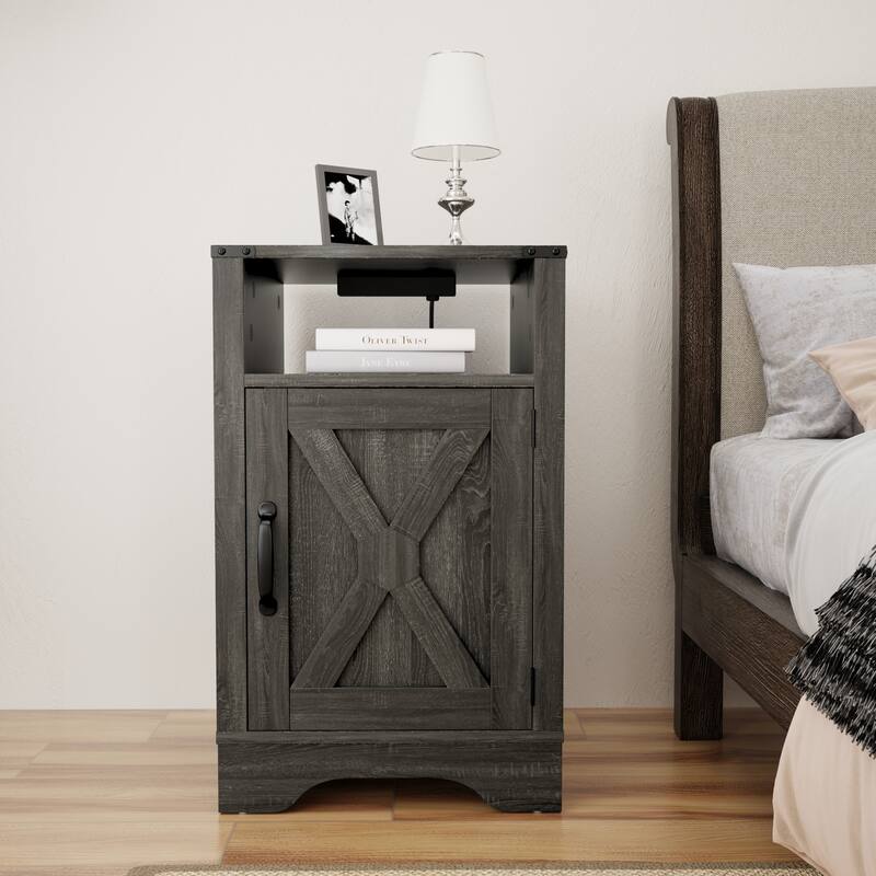 Rustic Farmhouse Nightstand, Decorative table with Charging Station and Open shelves, Sofa Side Table with 1 Lockers