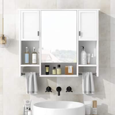 35'' x 28'' Ample Storage Space Modern Wall Mounted Bathroom Cabinet with Mirror and Towels Bar, White