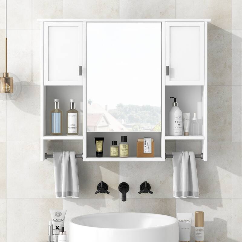 GDFStudio - Auburn Modern Wall-Mounted Bathroom Storage Cabinet with Mirror and Towels Bar - 35'' x 28''