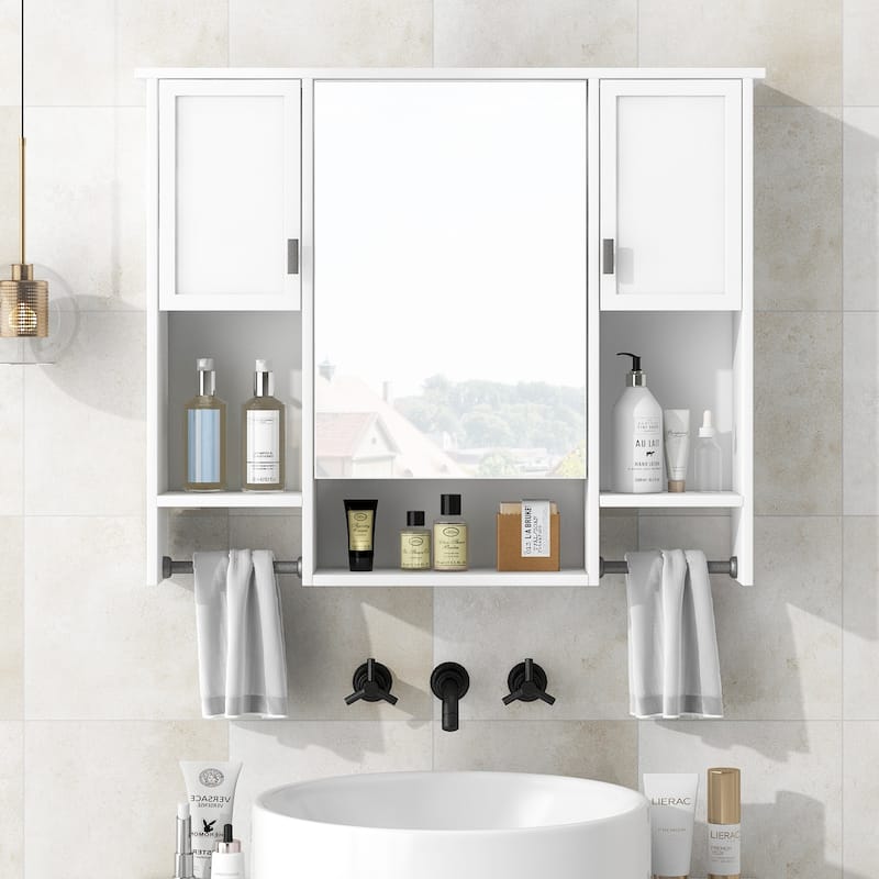 Roomfitters 35'' x 28'' Modern Wall Mounted Bathroom Storage Cabinet with Mirror, Bathroom Wall Cabinet with Medicine Storage - White