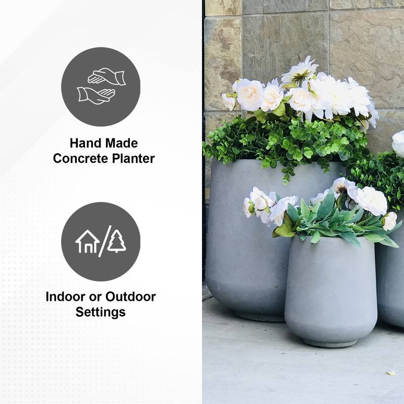 Kante Round Concrete Planter (Set of 3 Sizes), Outdoor/Indoor(Concrete Grey)