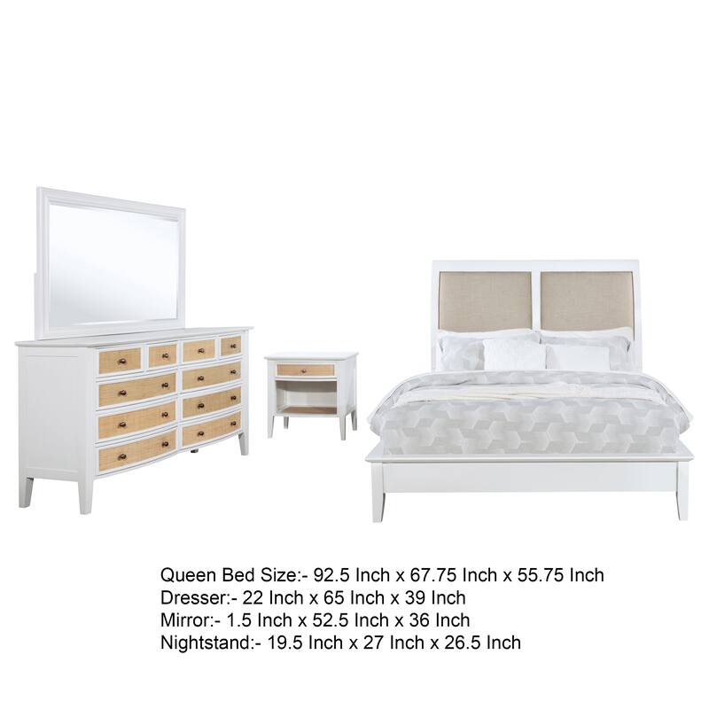 Heo 4pc Queen Bedroom Set, Rattan Woven Drawer, Brown Fabric, White