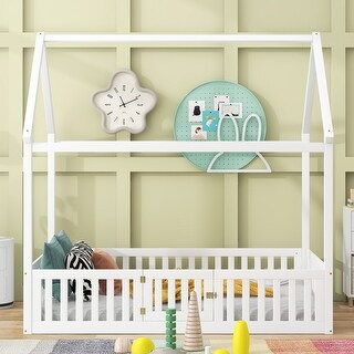 Full Size Wood House Bed with Fence and Door,Solid Construction