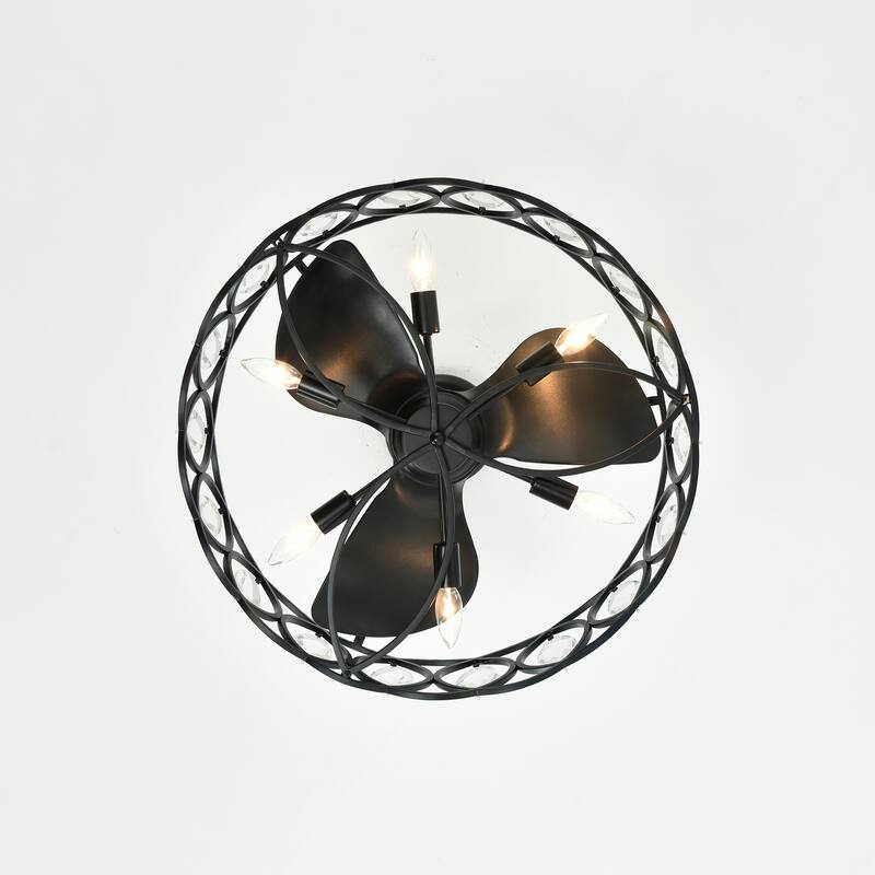 Dakanda 24 Inch Matte Black finish 6 Light, 3 Blade Crystal Ceiling Fandelier with Remote