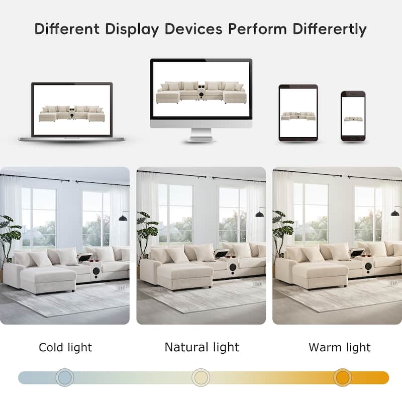 Roomfitters 141.5" Corduroy Sectional Sofa, U Shaped Couch with Console, Deep Wide Seat, Ottoman, Cream
