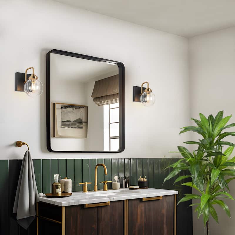 Modern Glam 1-Light Black Gold Wall Sconce Bathroom Vanity Lights with Clear Ribbed Glass Globe Shade - L 4.7" x W 7" x H 7.5"