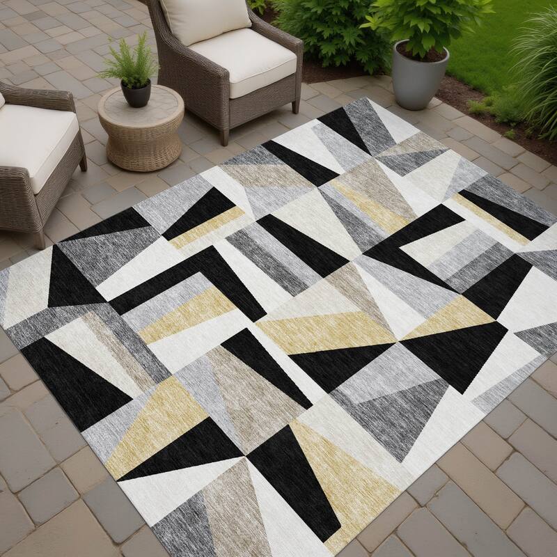 Machine Washable Indoor/ Outdoor Contemporry Mosaic Chantille Rug - Black - 9' x 12'