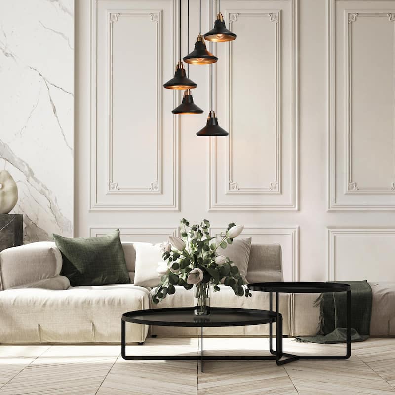 Modern Farmhouse 5-Light Black Brass Metal Chandelier with Bowl-Shaped Pendant Lights for Kitchen Dining Room - 20" D x 7" H