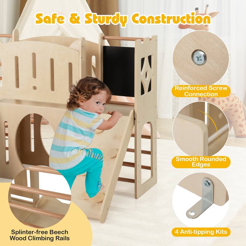 Wooden 8 in 1 Kids Indoor Playset with Slide Climbing Ramp Chalkboard and Storage Castle Activity Center for Toddlers