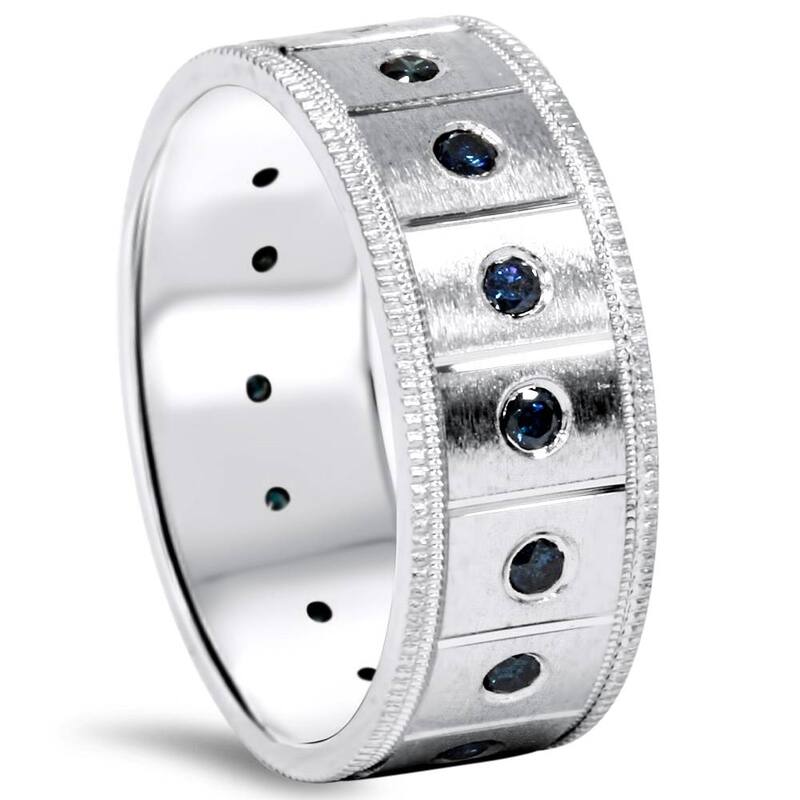 5/8ct Blue Diamond Mens Comfort Fit Wedding Ring White Gold 8mm