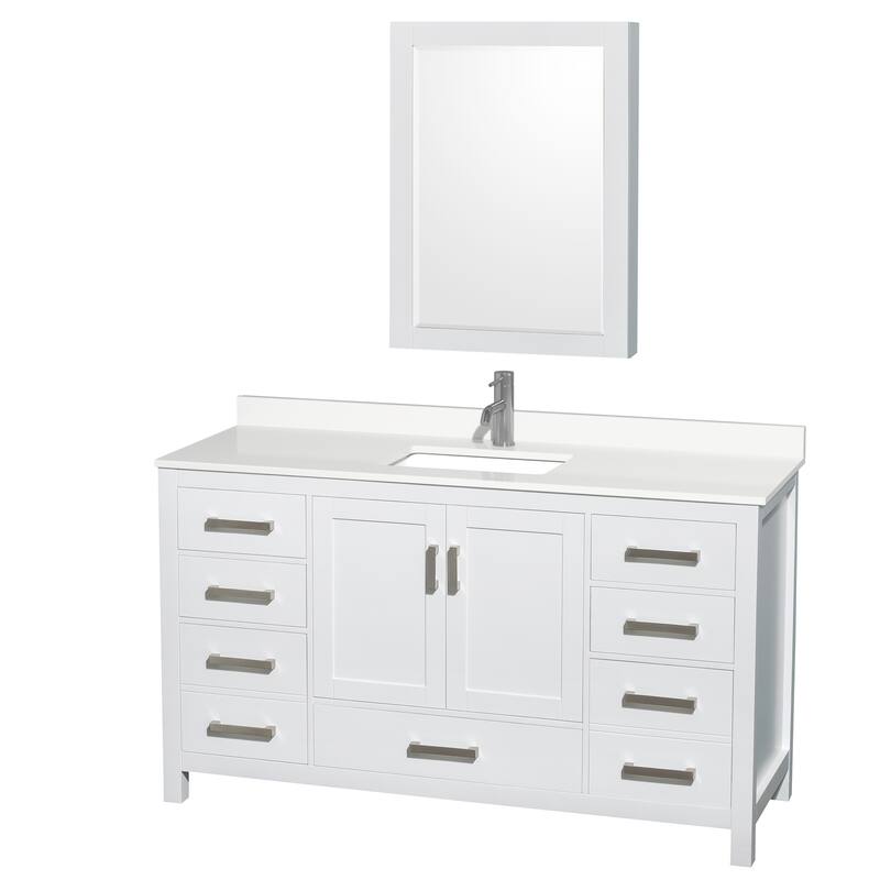 Sheffield 60-inch Single Vanity, Single Hole Quartz Top, Med Cabinet - White, Chrome Trim, White Quartz Top