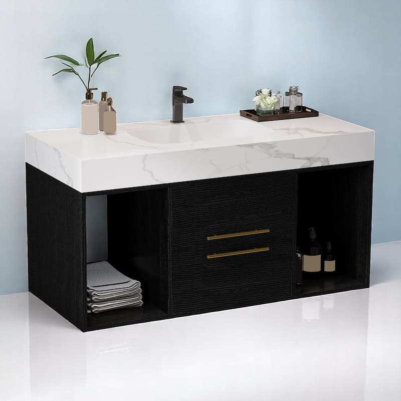 Modern 39.4 Inch Floating Bathroom Vanity with Ceramic Sink, Solid Wood Cabinet & Gold Metal Handles - Black