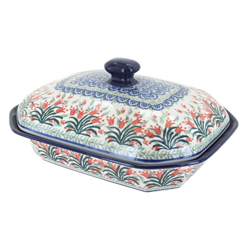 Blue Rose Polish Pottery 662 Ceramika Artystyczna Medium Covered Baker - Spring Tulip