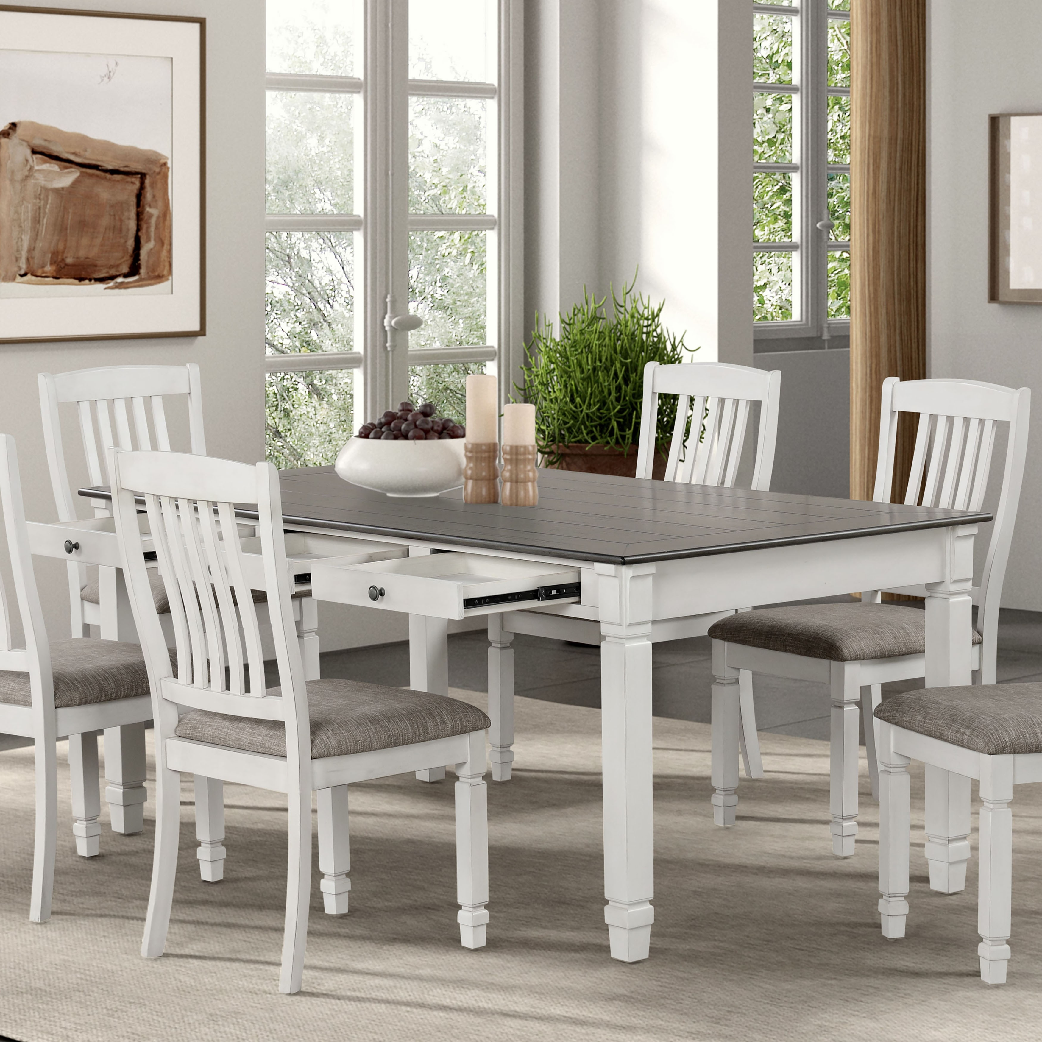 Furniture of America Badvard Farmhouse 5-Piece Rustic White Wood Dining Table Set with Drawers