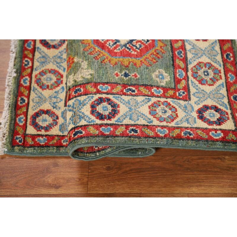 Green Geometric Kazak Oriental Foyer Rug Hand-Knotted Wool Carpet - 2'0" x 3'0"