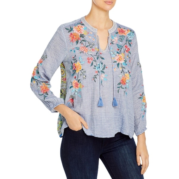 Johnny Was Womens Norah Peasant Top Woven Embroidered - Denim Blue. Opens flyout.
