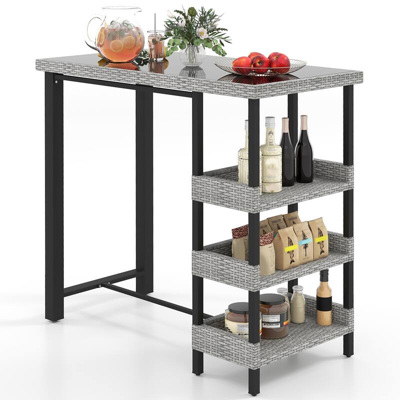 Mix Grey Rattan Metal Bar Table with Glass Top and 3 Storage Shelves - 43.5" L x 22" W x 41" H