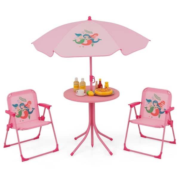 slide 2 of 6, 4 Pieces Kids Picnic Set with 2 Folding Chairs and Height Adjustable Umbrella-Light Green