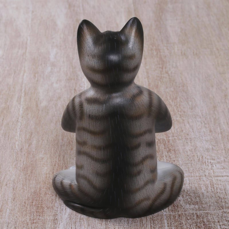 Novica Handmade Grey Cat In Deep Meditation Wood Sculpture