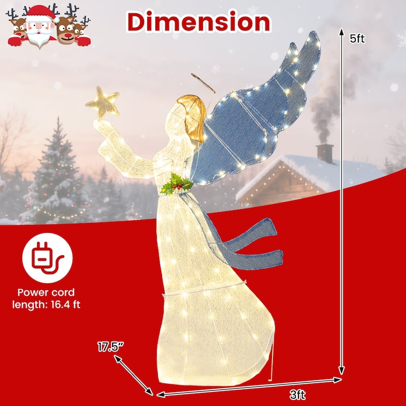 Gymax 5 Ft Outdoor Lighted Christmas Angel w/ Star Halo Spreading