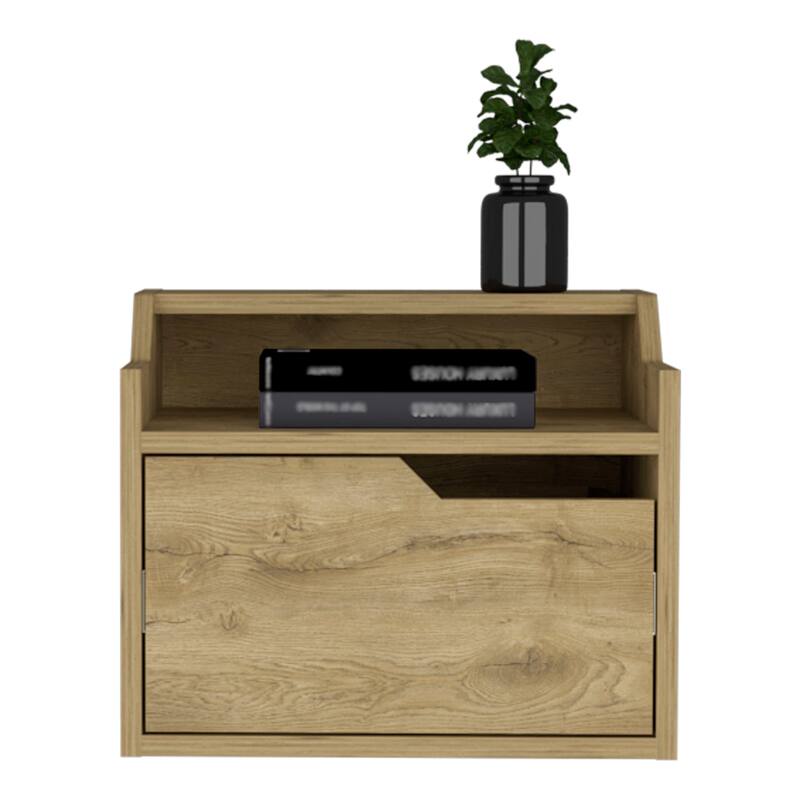 Modern Floating Nightstand with Dual-Tier Design and Drawer Storage, Macadamia