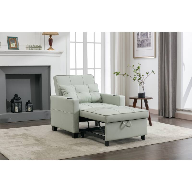 Leather Futon Armchair Bed with USB, Cup Holders & 3-Position Backrest