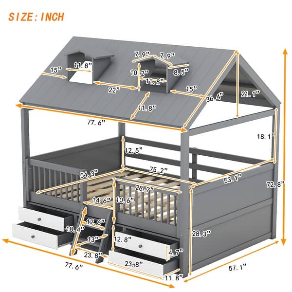 Gray Full Size Wood Bed House with Fence and Roof for Kids, Boys and Girls, Bedroom