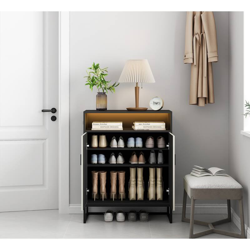 GDFStudio - Liora 5-Tier Shoe Cabinet with Doors and Motion Sensor Light, Adjustable Shelves, Wooden Storage