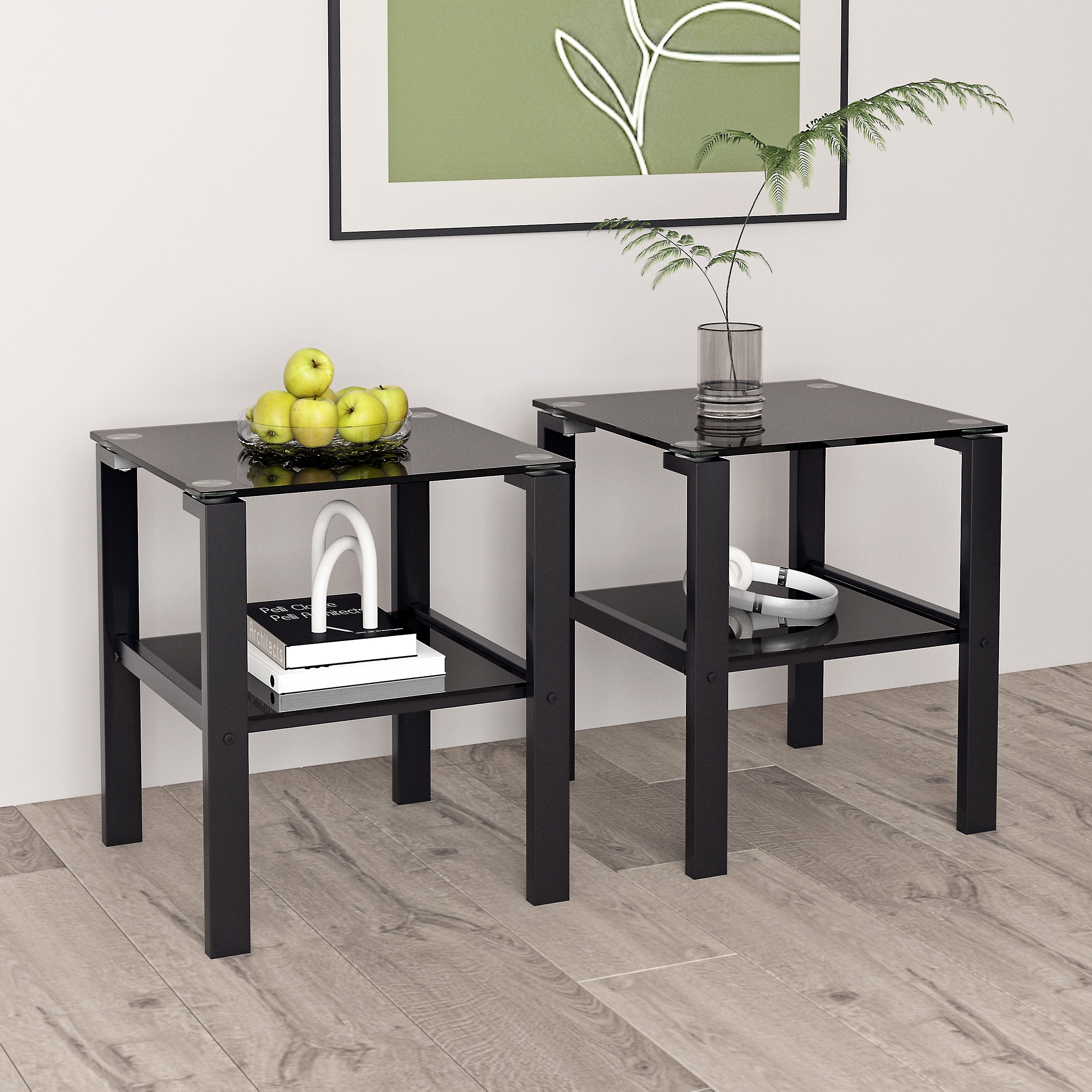Set of 2 Glass 2 Layer Tea Table Small Square Table Bedroom