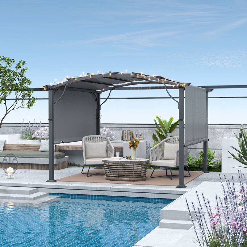 Aluminum Outdoor Pergola with Slightly Arched Canopy and Retractable Shade