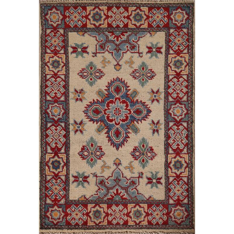 Geometric Kazak Foyer Rug Hand-Knotted Beige Wool Carpet - 1'11" x 2'11"