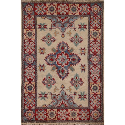 Geometric Kazak Foyer Rug Hand-Knotted Beige Wool Carpet - 1'11" x 2'11"