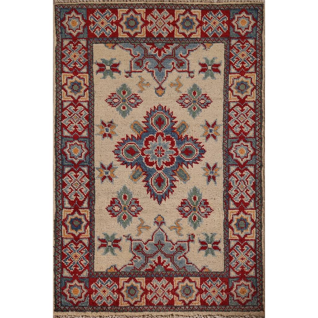 Geometric Kazak Foyer Rug Hand-Knotted Beige Wool Carpet - 1'11" x 2'11"