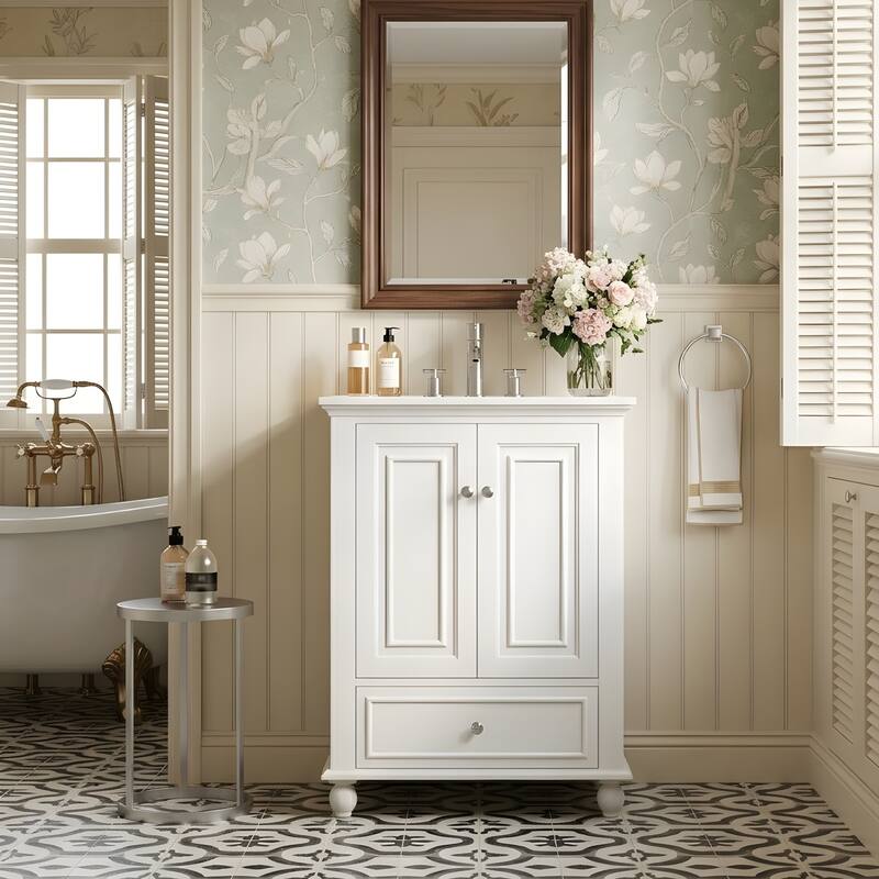 Bathroom Vanity with Ceramic Sink, Bathroom Storage Cabinet with Soft Closing Doors - White
