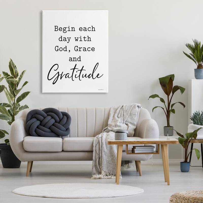 Stupell Begin Each Day with God Grace Gratitude Phrase Canvas Wall Art - White