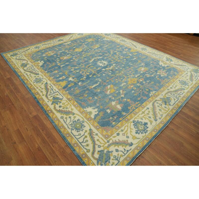 Floral Blue Oushak Vegetable Dye Area Rug, Floral Geometric Carpet - 9' 10'' X 8' 3''