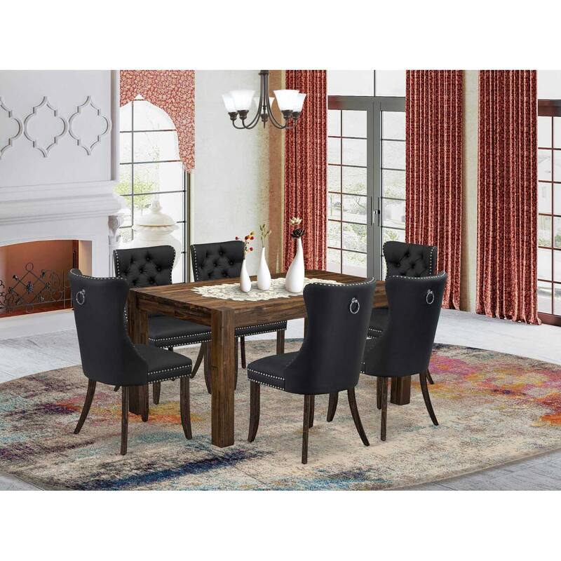 HomeStock 7-Piece Rectangle Distressed Jacobean Finish Solid Wood Top Dining Table with 6 Chairs