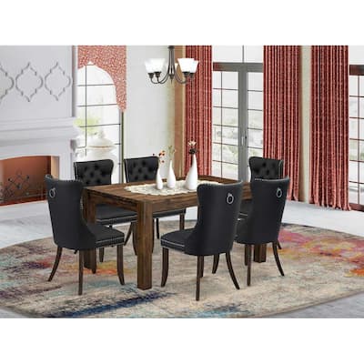HomeStock 7-Piece Rectangle Distressed Jacobean Finish Solid Wood Top Dining Table with 6 Chairs