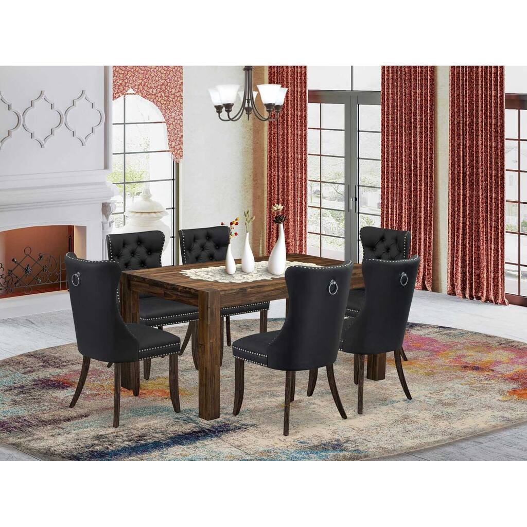 HomeStock 7-Piece Rectangle Distressed Jacobean Finish Solid Wood Top Dining Table with 6 Chairs