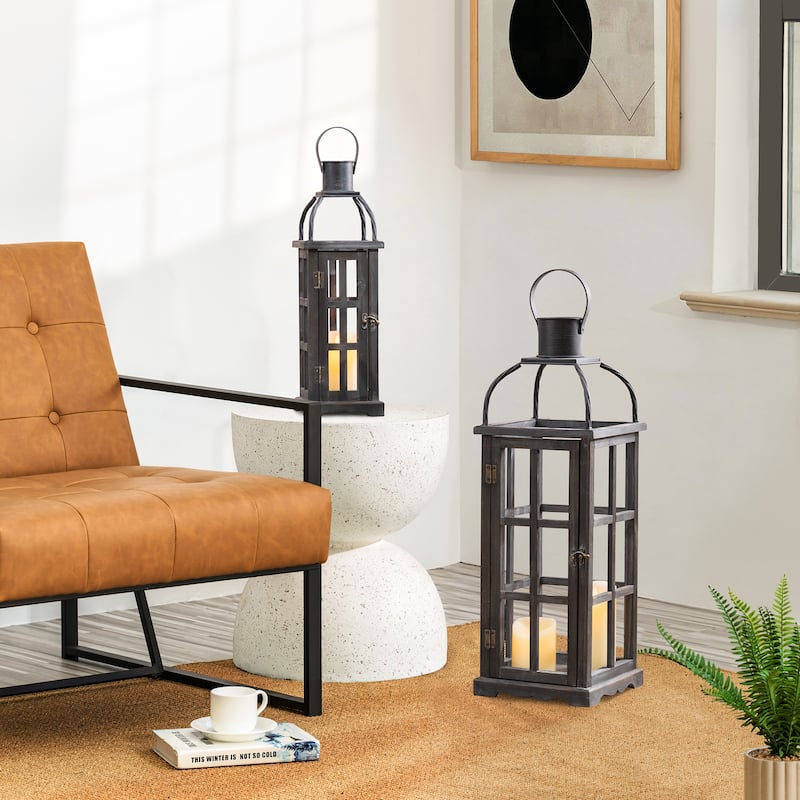 Glitzhome Farmhouse Wooden Metal Cage Candle Holders Patio Hanging Vintage Lanterns (Set of 2)