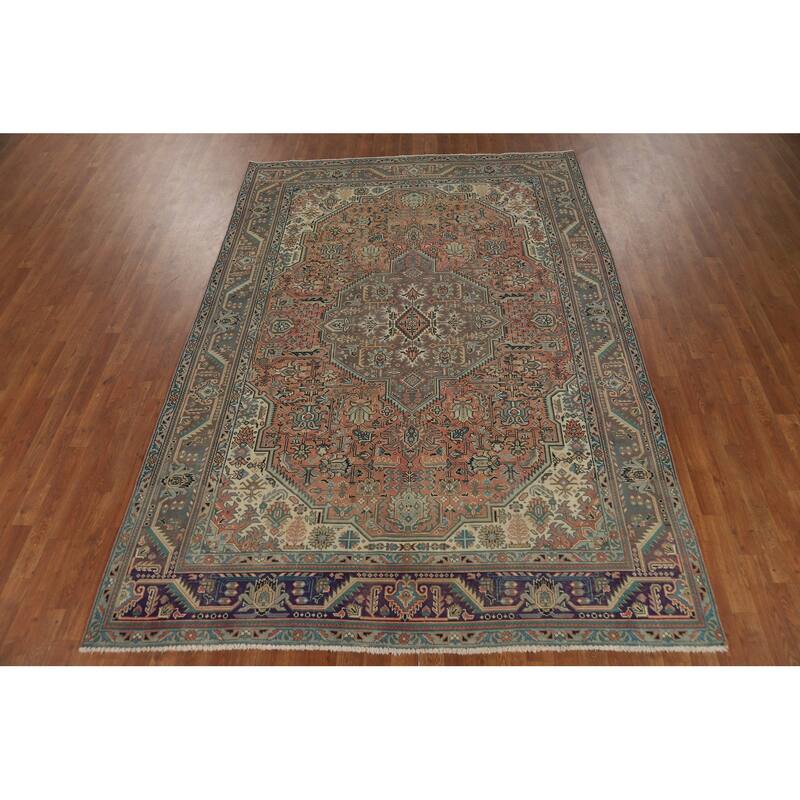 Orange Tabriz Persian Vintage Rug Hand-Knotted Wool Carpet - 6'8" x 9'6"