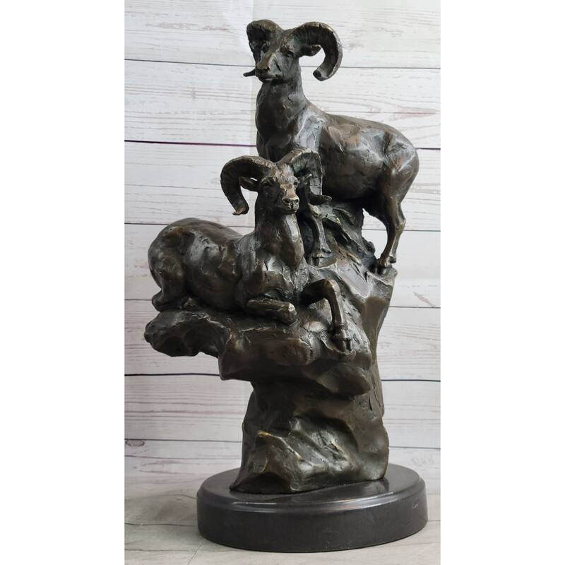 Rams Goats On Rocks Bronze Sculpture Statue Wildlife Art Decor On Marble Base