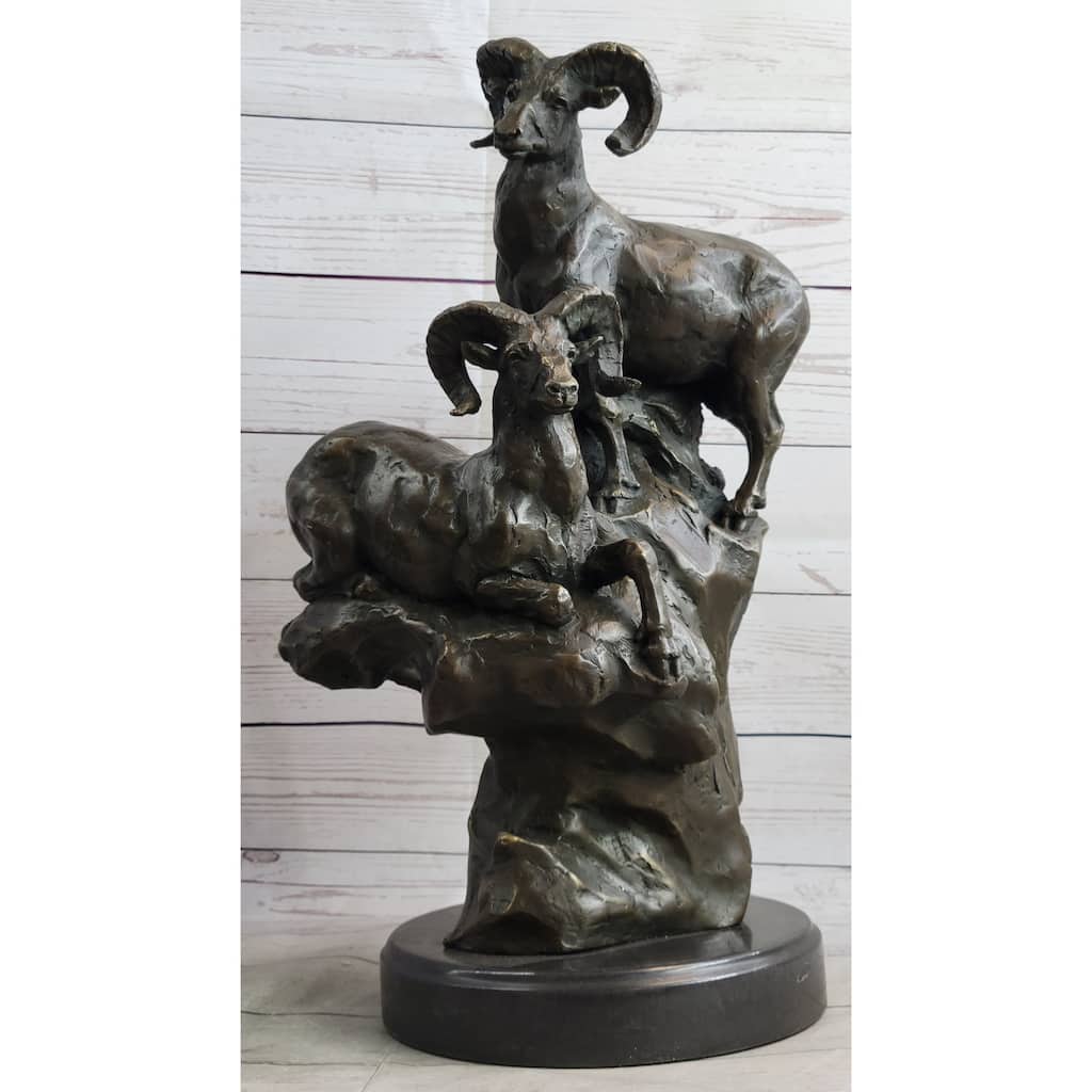 Rams Goats On Rocks Bronze Sculpture Statue Wildlife Art Decor On Marble Base