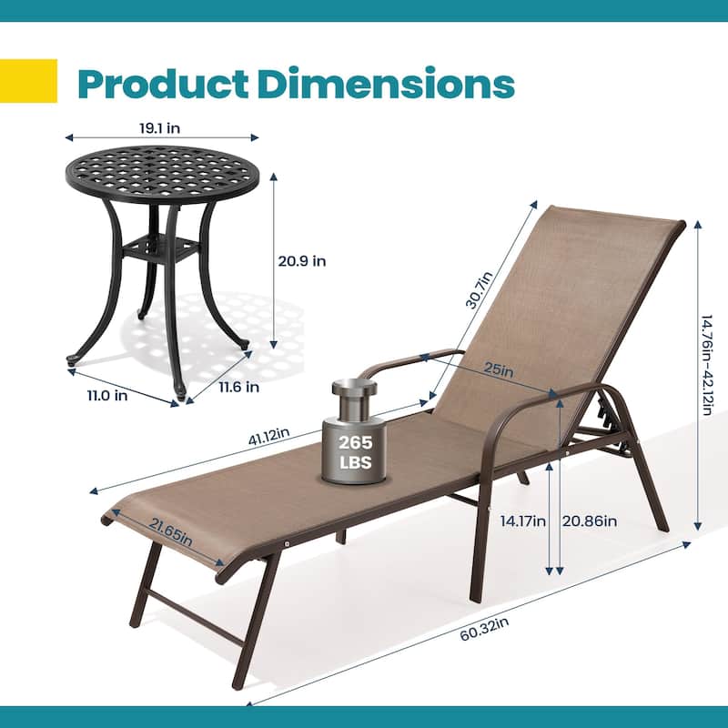 Pellebant Outdoor Lounge Chair Aluminum Adjustable Backrest with side table