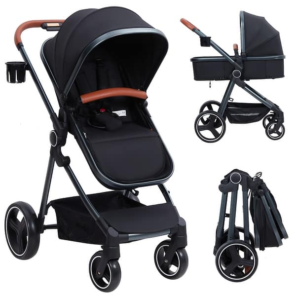 slide 2 of 19, 3-in-1 Reversible Baby Stroller with Adjustable Backrest and Canopy Black