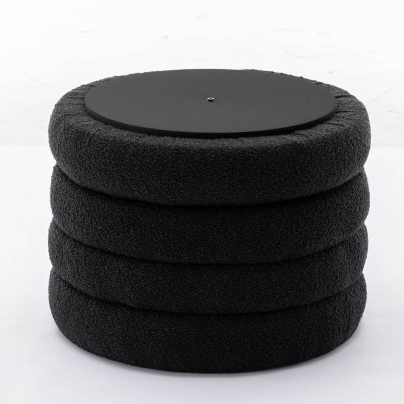 Boucle Fabric Storage Round Ottoman Footstool With Wooden Shelving