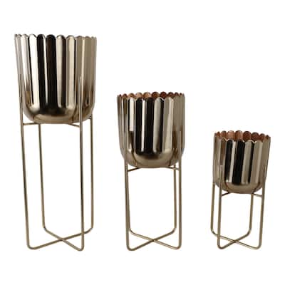 Metal Planter on Stand Scalloped Finish (Set of 3) - 7", 9", 10" Gold - 9.75" x 9.75" x 27"