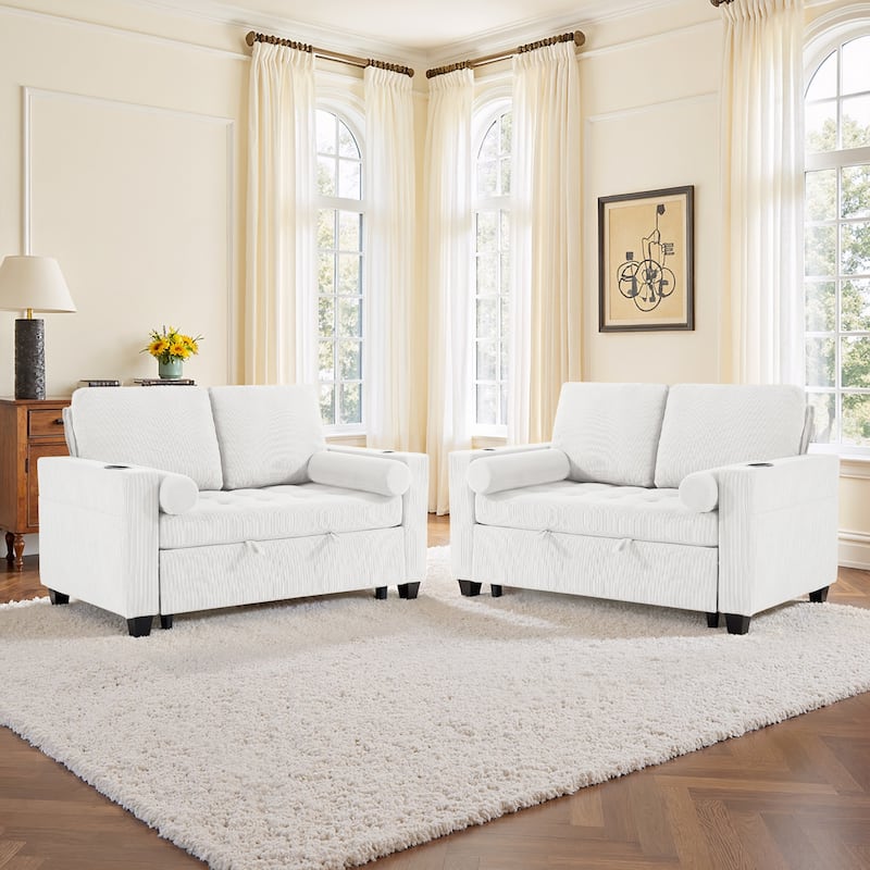 2 Set Multi-Functional Sleeper Sofa Bed 3-in-1 Pull-Out Convertible Adjustable Loveseat with USB Port
