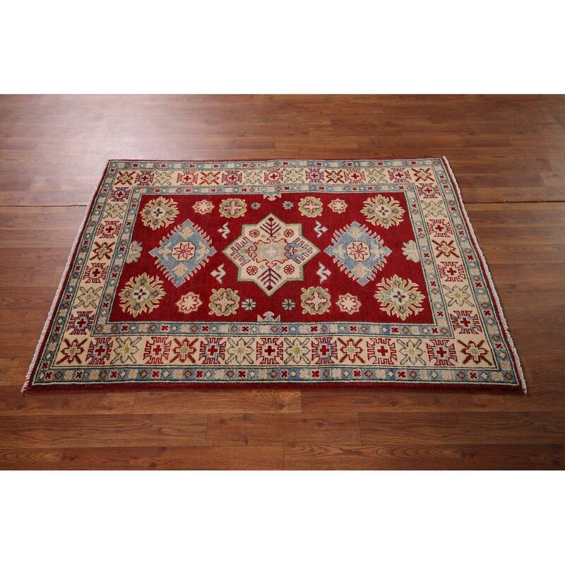 Red Kazak Foyer Rug Hand-Knotted Wool Carpet - 3'3" x 4'6"